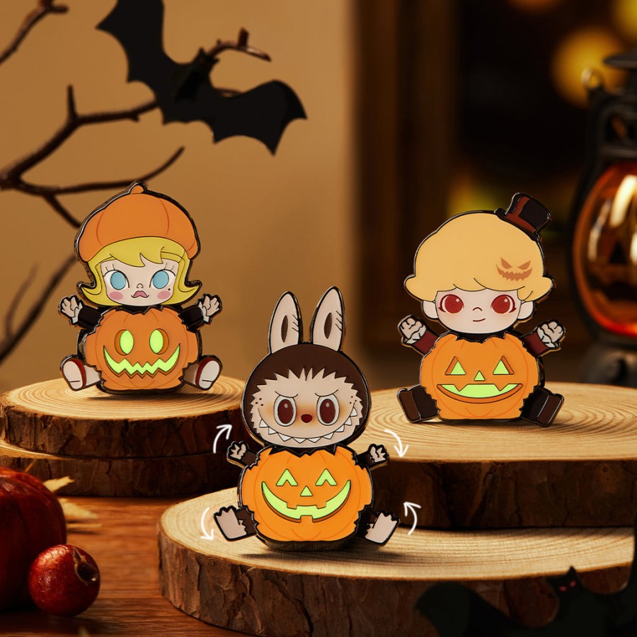 pop mart happy halloween party serie - mollydimoolabubu pompoen koelkastmagneetemaille speldje