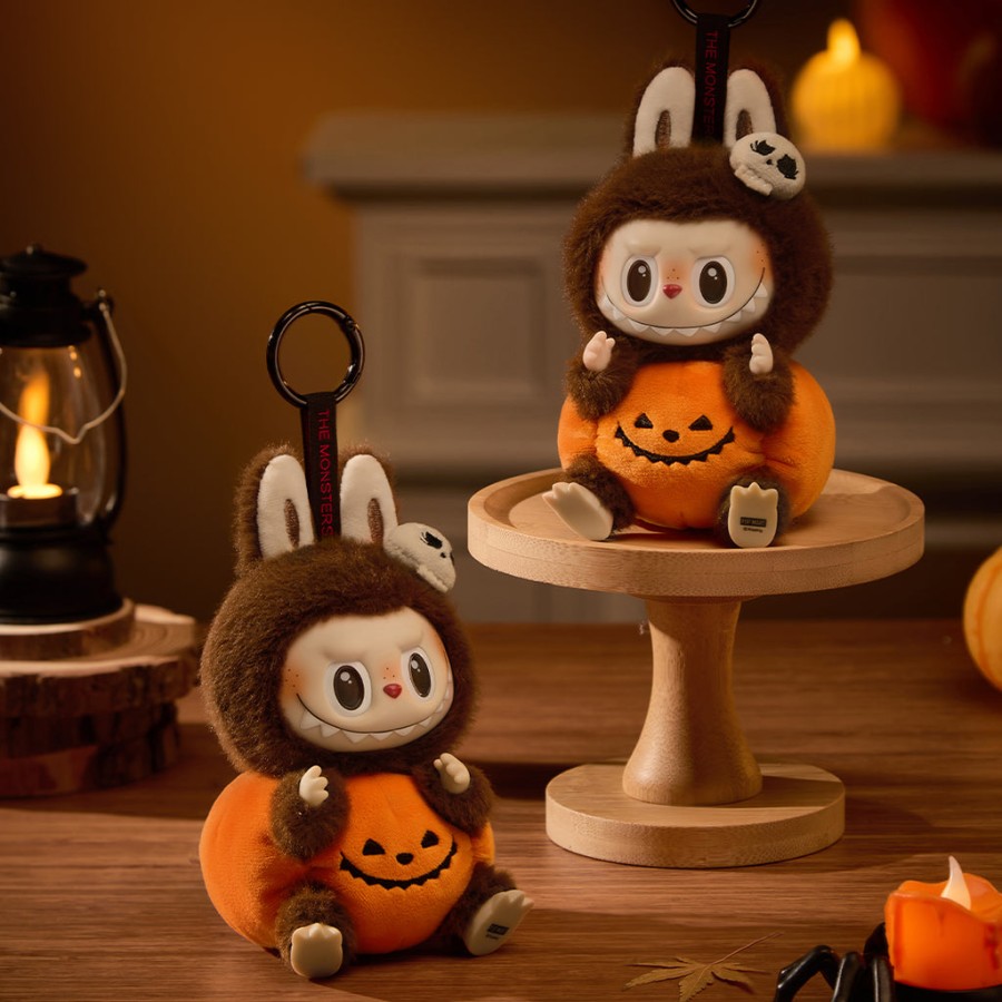 pop mart de monsters labubu happy halloween party serie - zittende pompoen vinyl pluche hanger